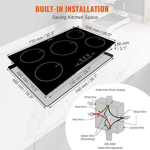 Miniatura 6 de VEVOR Placa eléctrica, 5 quemadores, estufa de inducción de 30 pulgadas, estufa magnética integrada de 9200 W, quemador multifuncional de 9 niveles