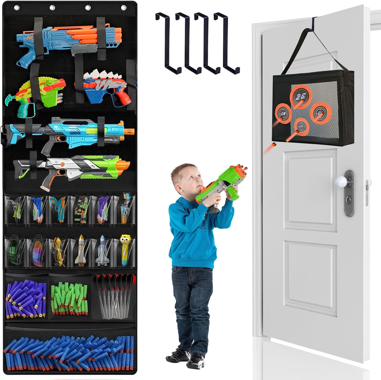 MonBel Over The Door Organizer for Toy Guns, Toy Storage Door Hanger with Pockets and Slots for Kids Rooms, Game Rooms, Black