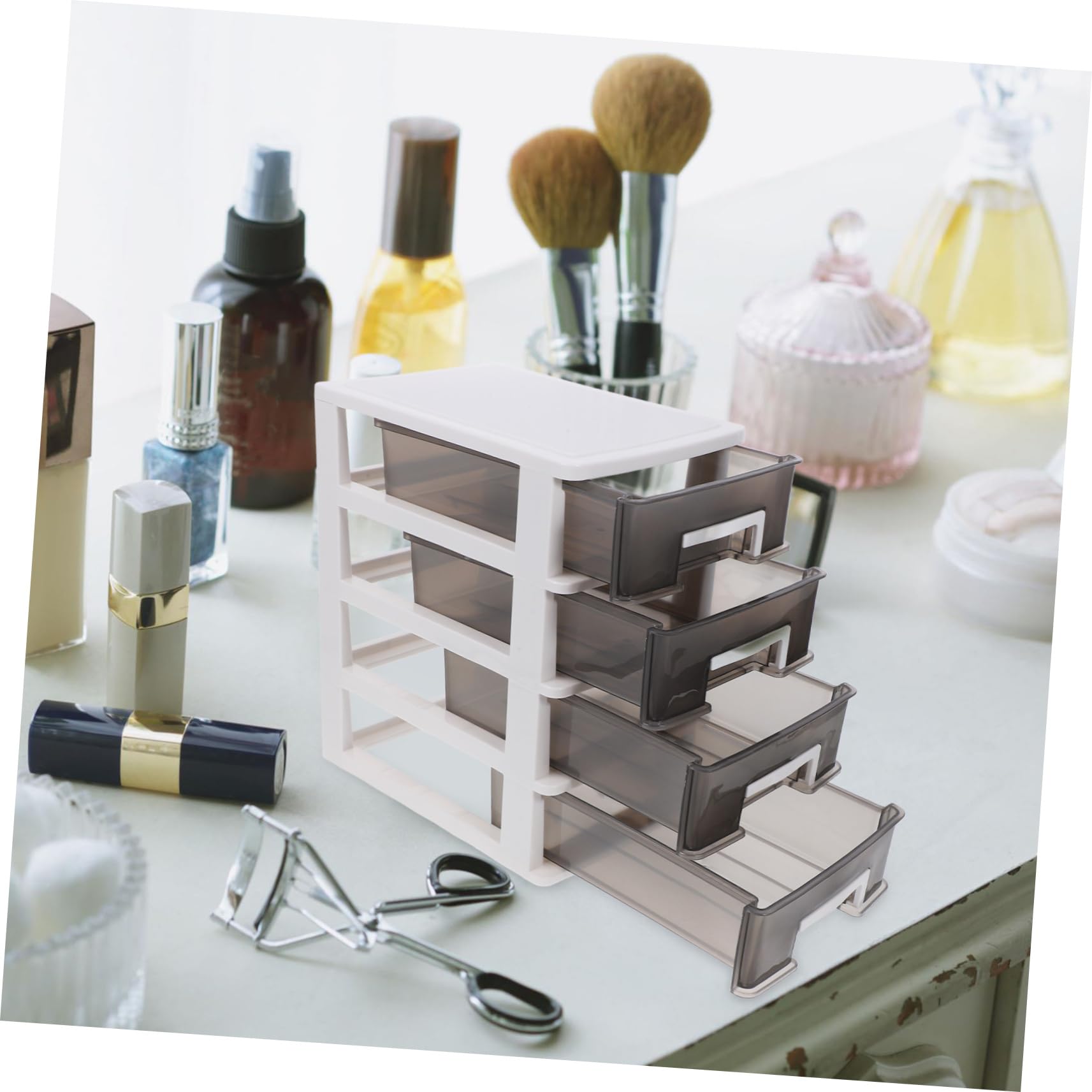 Happyyami Transparent Four Layer Plastic Drawer Organizer Multifunction Storage Rack for Office Study and Home Use Portable Closet with Lightweight Design and Stylish White Frame