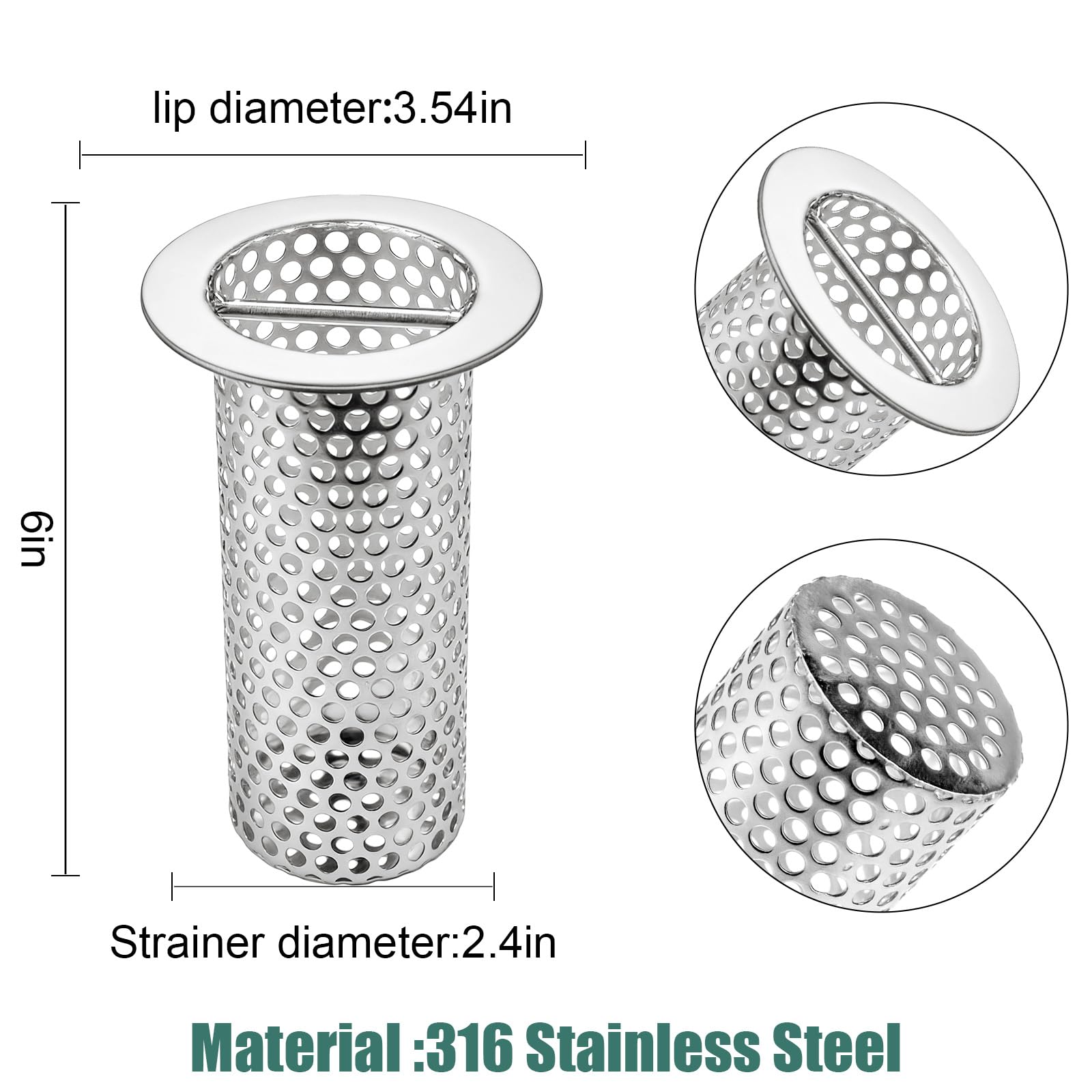 Colador de drenaje de suelo comercial de 3 pulgadas, 6 pulgadas de alto con asa de transporte, filtro de drenaje de piso de acero inoxidable 316, cesta de drenaje finamente pulida para fábrica,