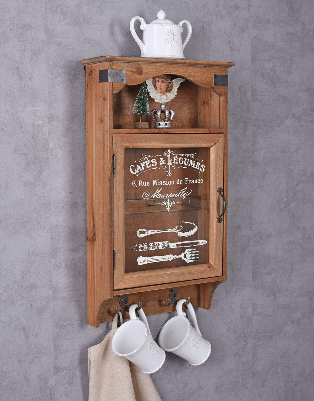 Wandschrank „Maison Marseille“ – Vintage Hängeschrank | Shabby Chic | Glastür & Haken | Landhausstil Schlüsselschrank lof022 Palazzo Exklusiv