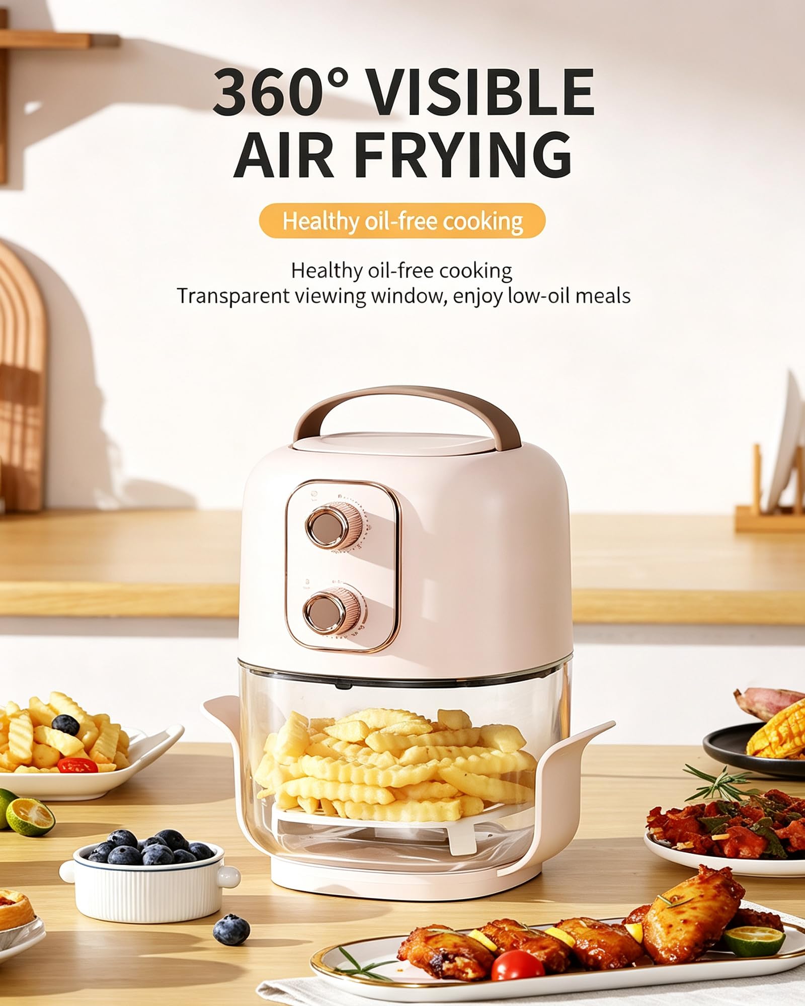 Friggitrice ad Aria a Torre Visibile 2,5L, Controllo a Doppia Manopola | Finestra di visualizzazione in vetro trasparente a 360°, per singoli, coppie e piccole cucine, tempo e temperatura