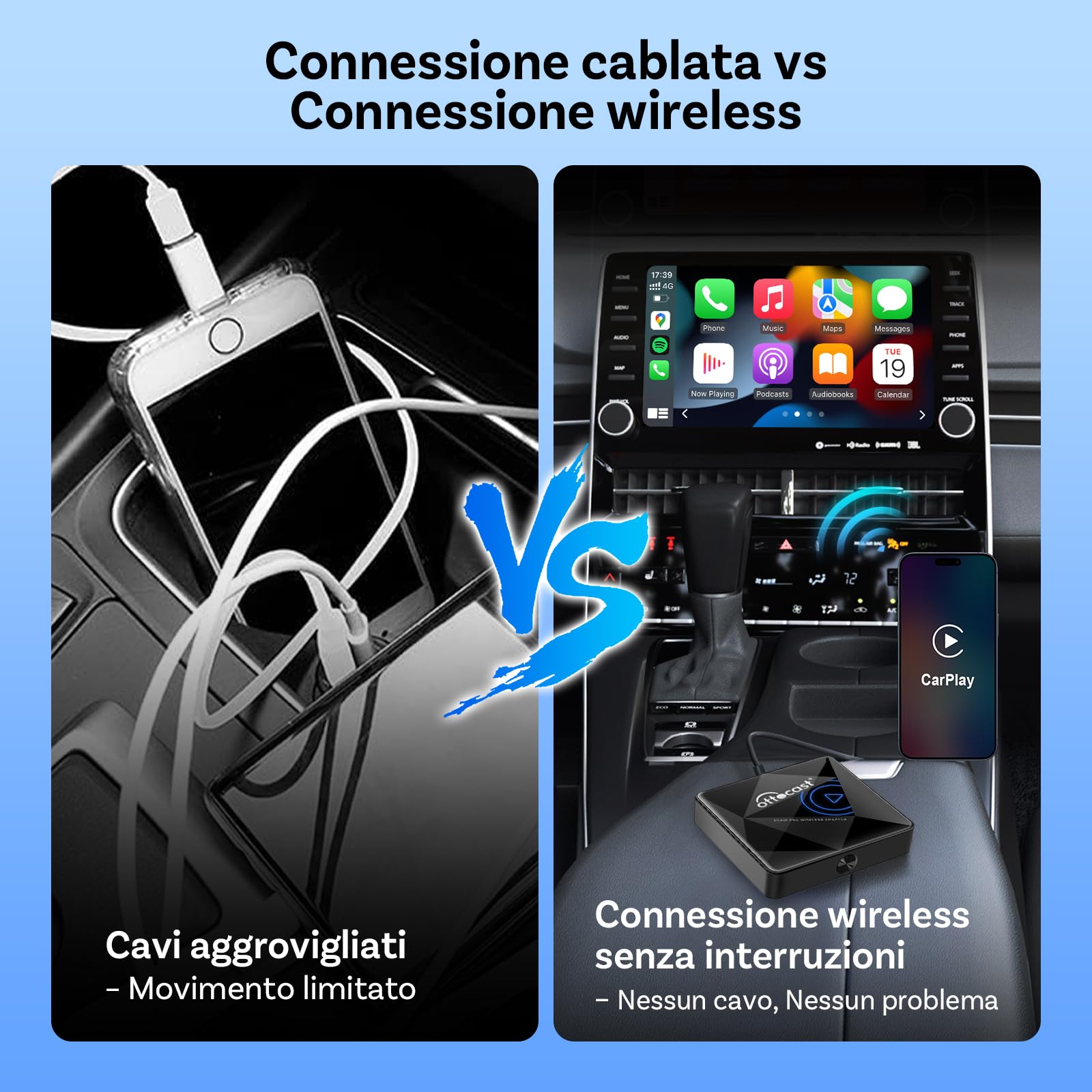 OTTOCAST U2Air Pro Adattatore CarPlay Wireless, Adattatore Bluetooth Apple CarPlay per iPhone, Plug & Play per auto CarPlay cablato OEM, WiFi Dual-Band, Aggiornamento online