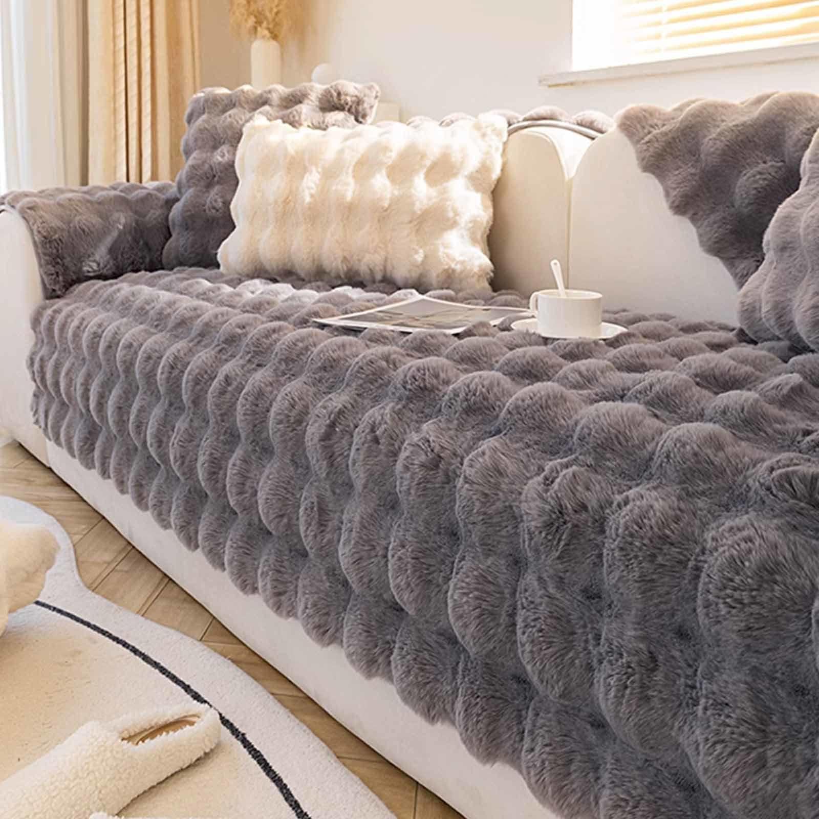 Racib Darkgray Fuzzy Corner Non Slip Waterproof Sofa Cover, L Shape 1-4 Seater, Pillowcase 30*50cm