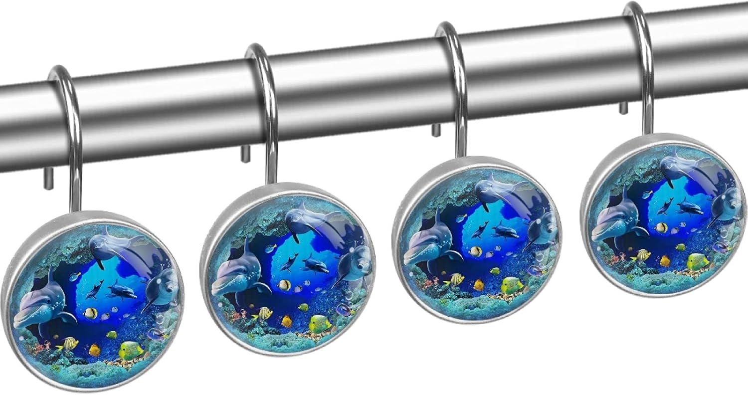 LORVIES Dolphin Shower Curtain Hooks Set of 12, Stainless Steel Shower Hooks Decorative Hanger Rings Rust Resistant for Bathroom Kids Room Fashion Home Decor