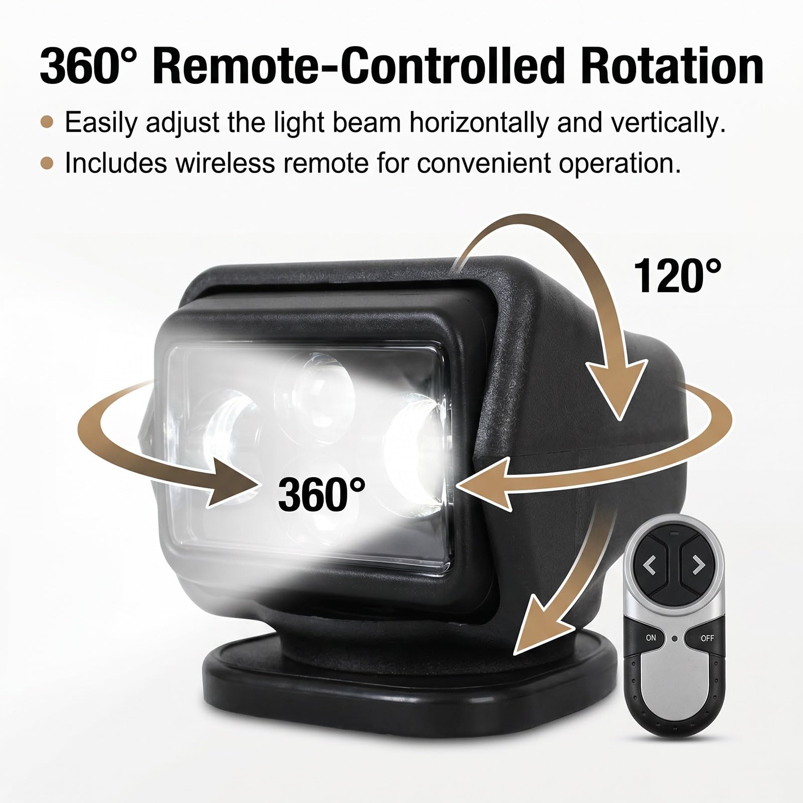 Faro di ricerca per veicoli da 120 W, girevole a 360° con telecomando, potente base magnetica, alta luminosità, impermeabile, ideale per campeggio, barche, camion, fuoristrada(White)