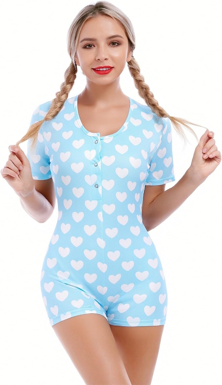 ABAFIP Women's Button V Neck Short Sleeve One Piece Shorts Romper Pajama Bodysuit Cute Print Bodycon Overall Jumpsuit Pjs