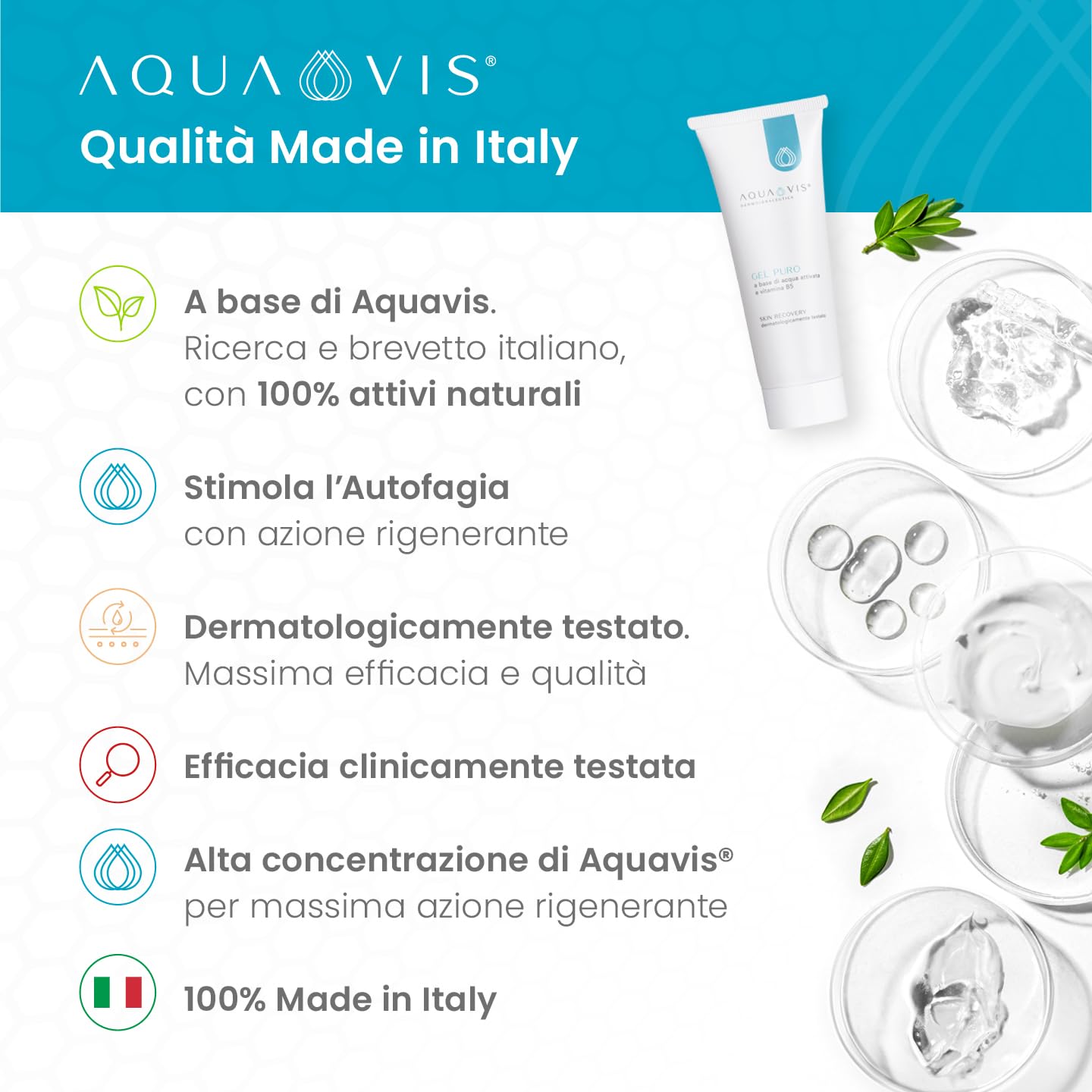 Aquavis® Gel Puro Rigenerante Lenitivo Con Aquavis, Pantenolo, Aloe vera 100% BIO e vitamina B5. (150 ml)