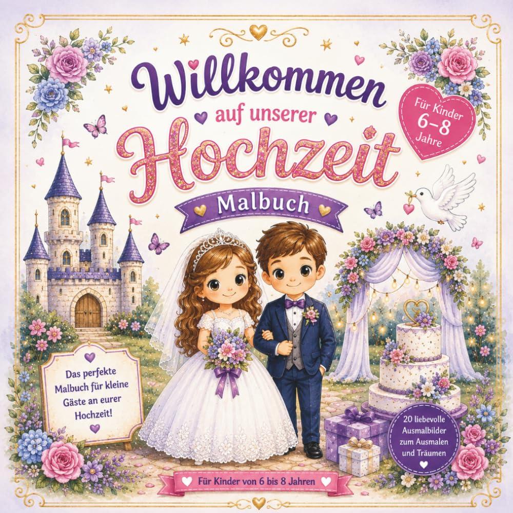 Willkommen auf unserer Hochzeit – Malbuch ab 6 Jahren: 20 liebevolle Hochzeitsmotive zum Ausmalen für Kinder von 6–8 Jahren • Perfekte Beschäftigung ... rund um Brautpaar, Blumen & Feier