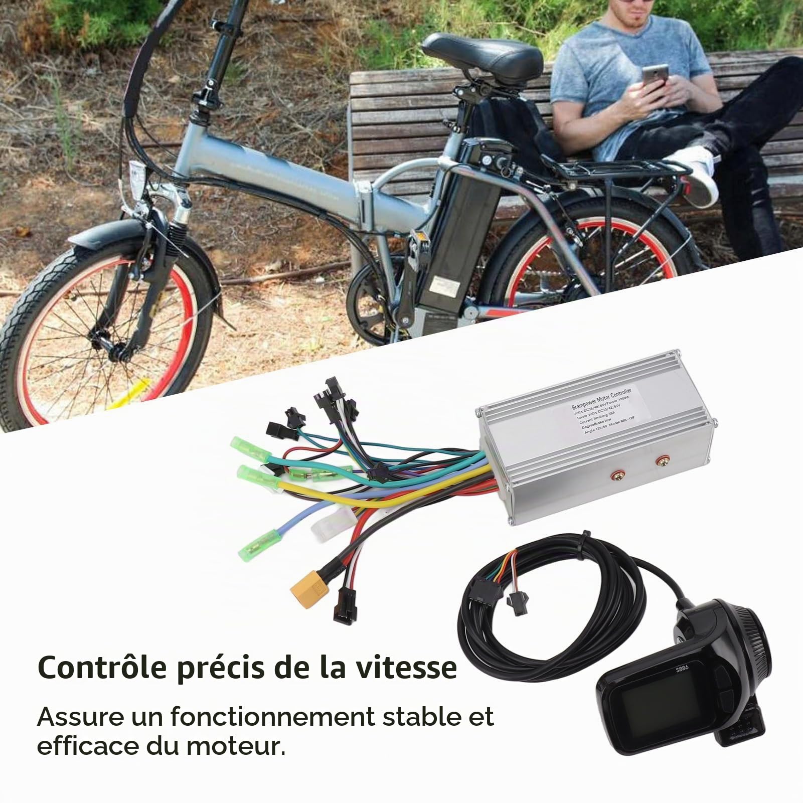 BuyWeek Kit de Contrôleur de Moteur sans Balais pour Vélo Électrique, 36V 48V 60V 1000W 38A Contrôleur à Onde Sinusoïdale 886 Accélérateur Au Pouce avec Écran LCD pour Scooter Électrique