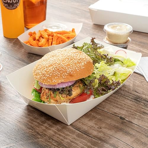 Miniatura 9 de Restaurantware Bio Tek - Botes de comida de 2 libras, 200 bandejas de papel desechables  Barcos de papel blanco resistentes a la grasa para