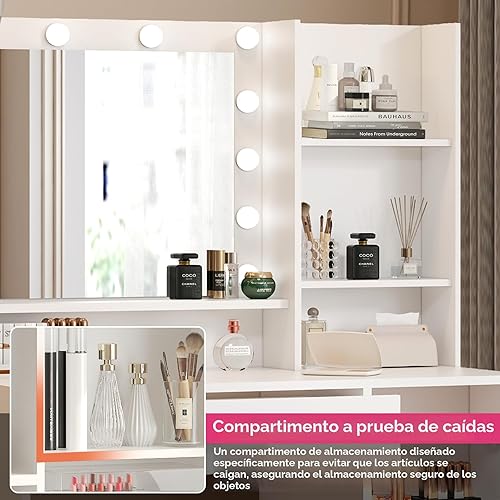 Miniatura 2 de Escritorio de tocador con espejo y luz, cajón grande y cómoda de almacenamiento de tres niveles, 3 modos de iluminación con brillo ajustable,