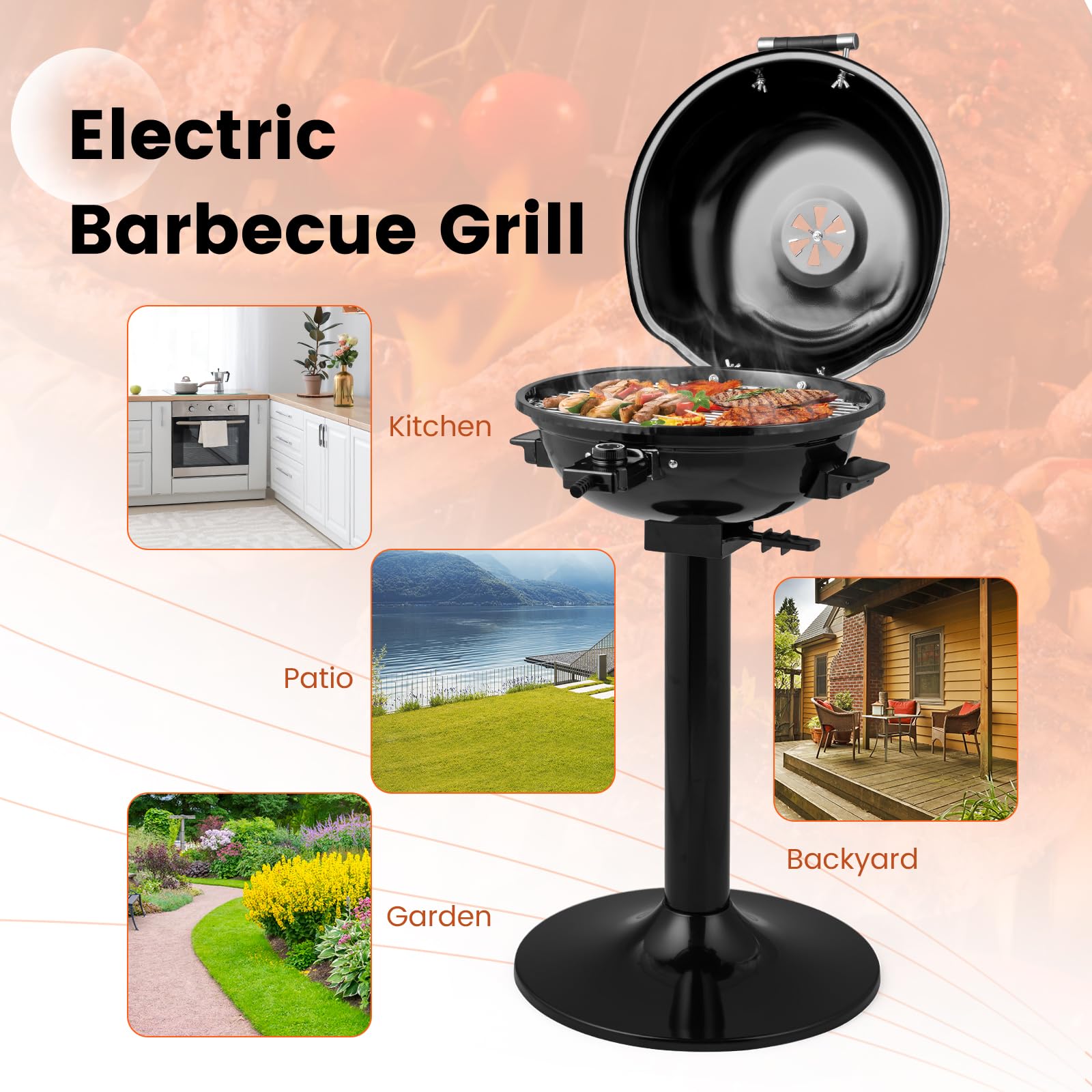 Parrilla eléctrica de 1600 W para exteriores, parrilla de campamento independiente de 15 porciones con estante de calentamiento, bandeja de goteo de aceite extraíble, control de temperatura 8