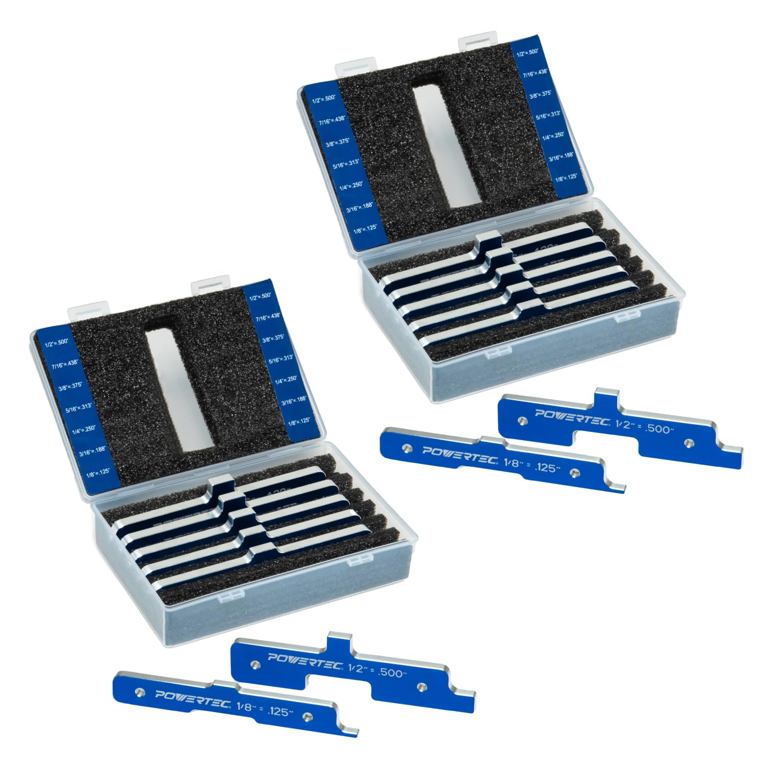 POWERTEC Bloques de configuración de enrutador para carpintería, juego de 7 piezas, medidor de profundidad de enrutador, barras de configuración de enrutadores de aluminio, bloques espaciadores, juego