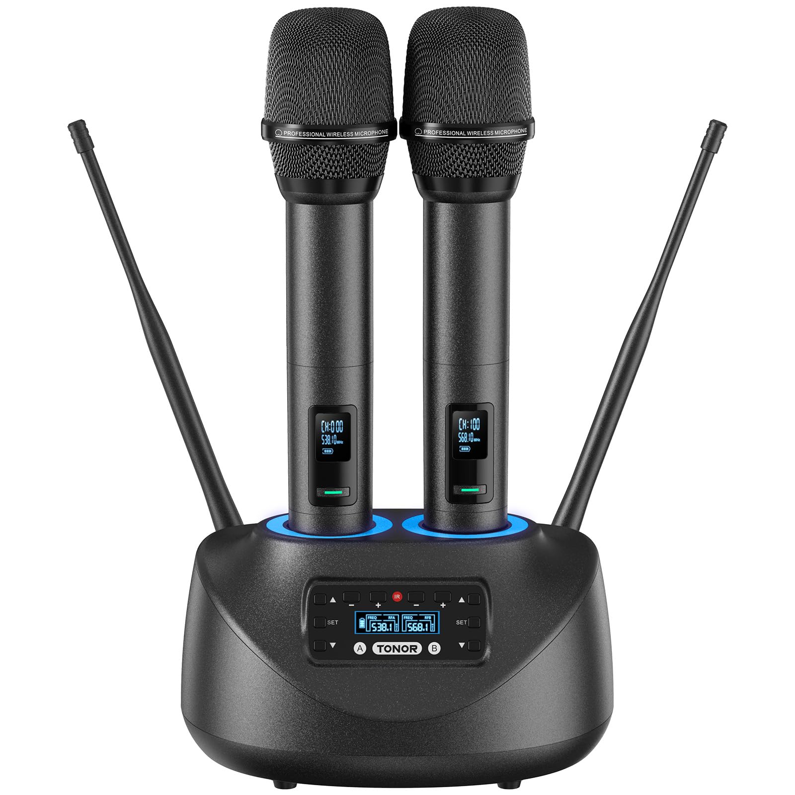 TONOR Bluetooth Wireless Microphones, Rechargeable UHF Cordless Microphone System for Home Party, Metal Dual Handheld 260ft for Home Karaoke, Church, Party,TW-790, Black