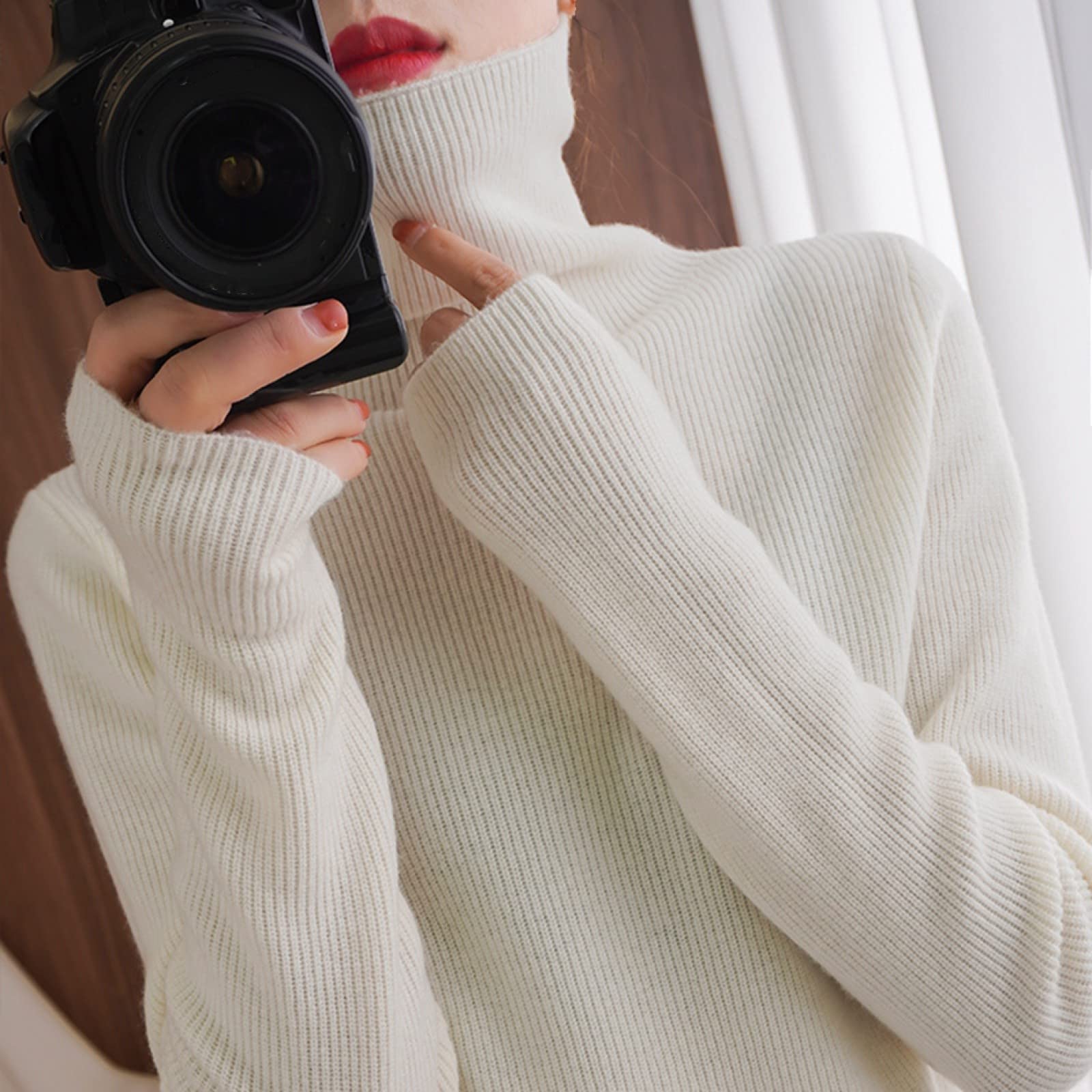 Suéter para Mujer,Señoras De Invierno Suéter De Cachemira De Cuello Alto Moda Color Sólido Jersey De Punto Manga Larga Calidez Elegante Suéter De Calle Suave Casual Delgado Estiramiento