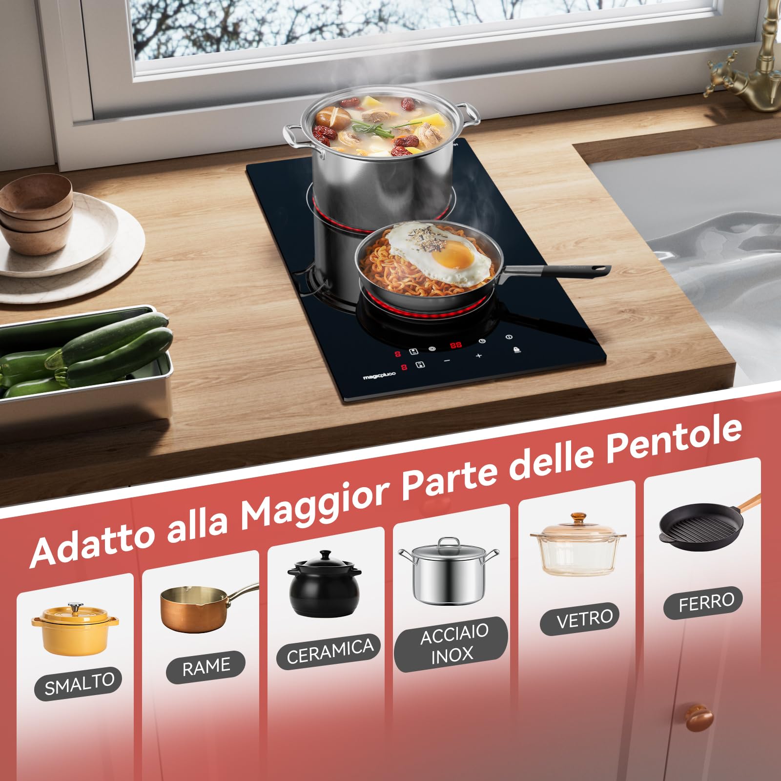 magicplux Piastra Cottura Vetroceramica 2 Zone, 3400 W, 29,5 cm, 9 Livelli di Calore, Controllo Tattile, Blocco Bambini, Timer 1-99 Min, Compatibile con Tutte le Pentole, con Spina