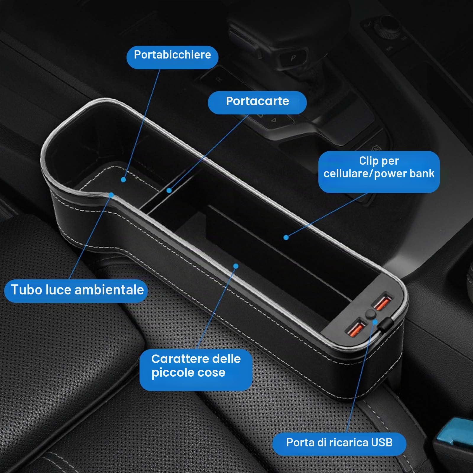 2 Pezzi Scatola Portaoggetti per Seggiolino Auto, Luce Portabicchieri a LED per Auto, Organizer per Auto Sedile Anteriore con Portabicchieri, Porta USB e Luce LED