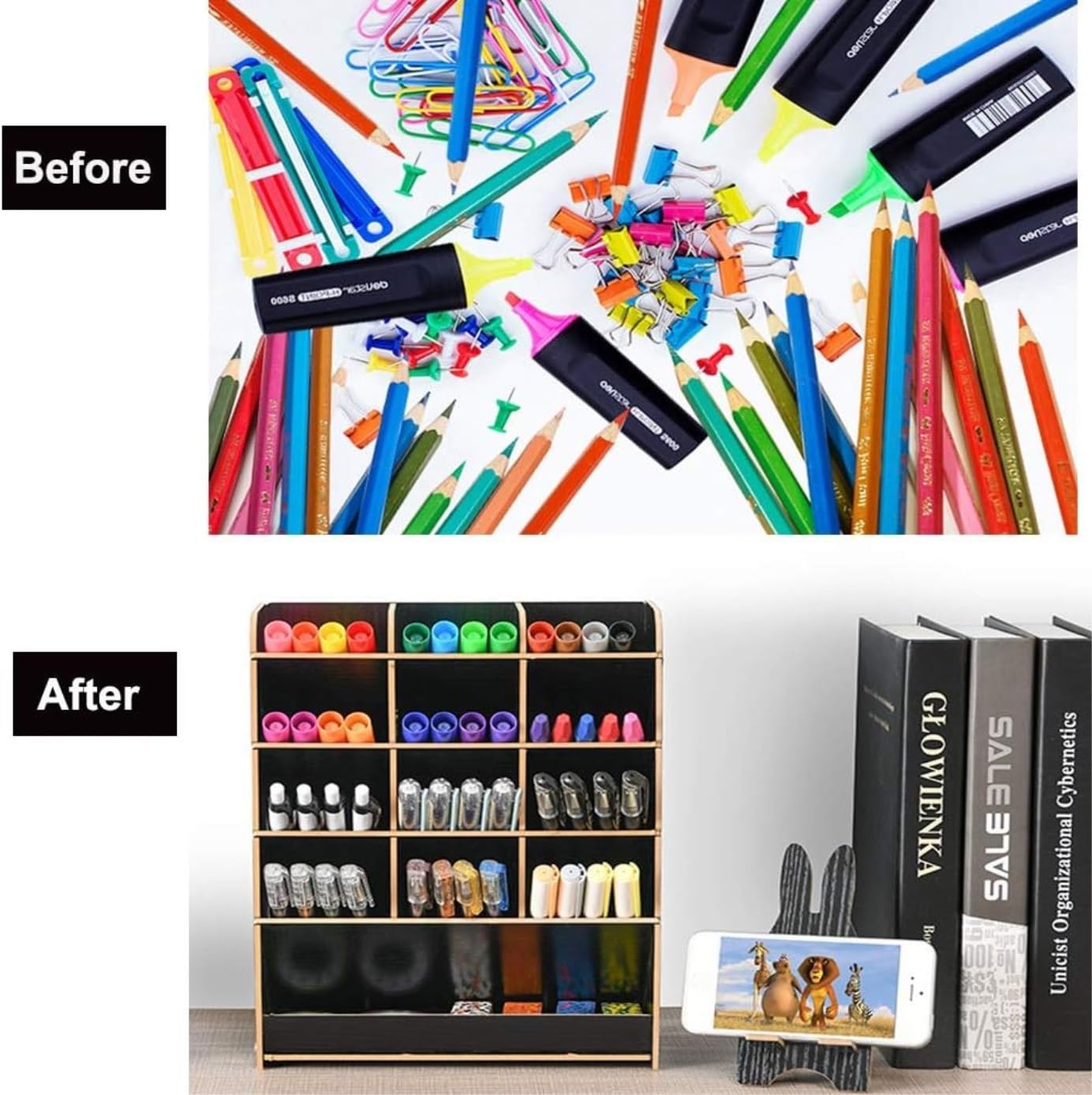 Schreibtisch Organizer Schreibtisch-Organizer Aus Holz Mit Schublade, Multifunktionaler DIY-Stifthalter-Organizer Für Den Schreibtisch Büro(Black,21 * 9.2 * 25.5cm)
