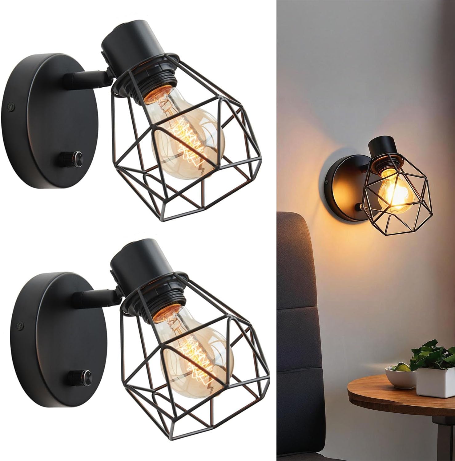 Glighone Wandlampe mit Schalter Wandleuchte Innen Vintage Dimmbar Licht
