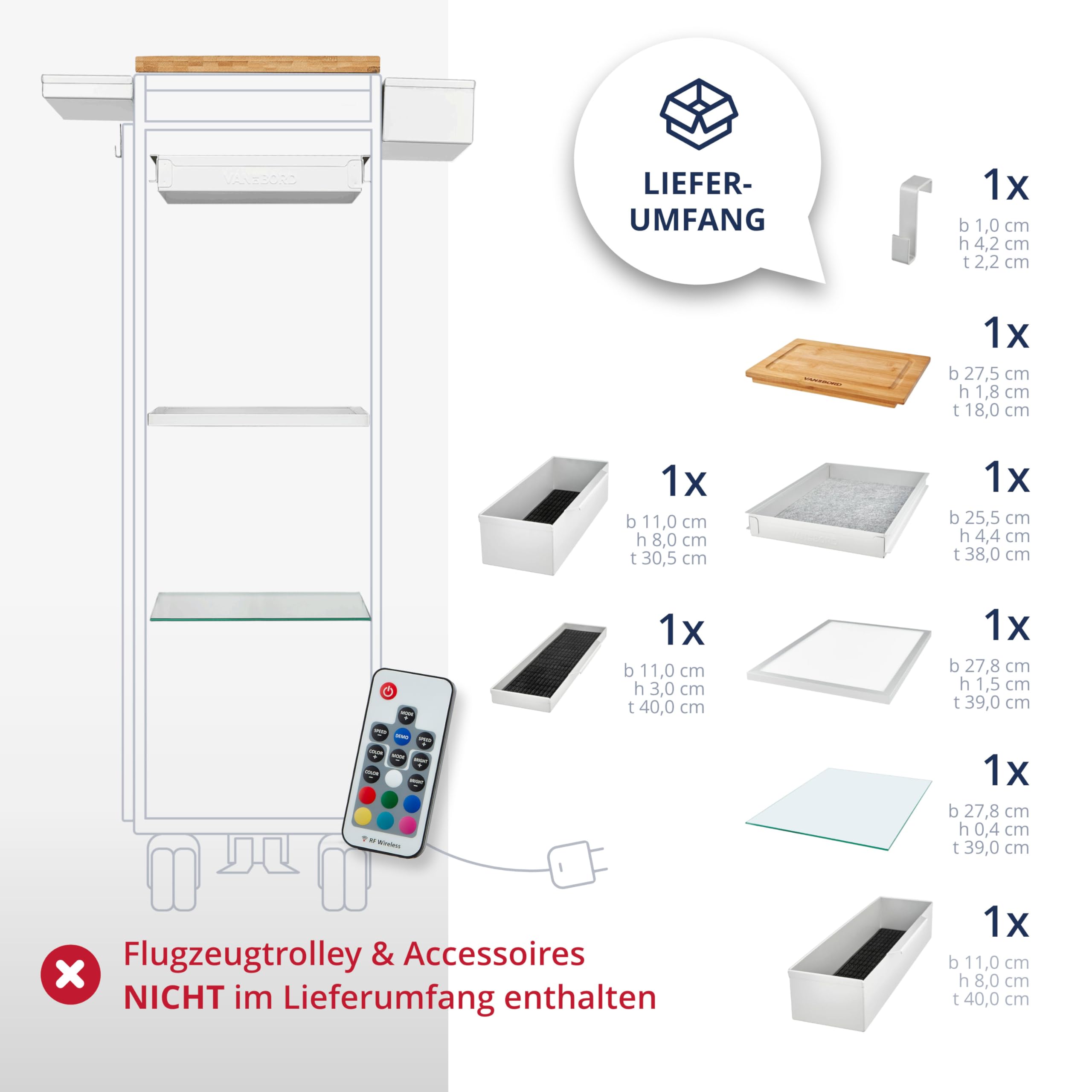 Ausstattungspaket für Flugzeugtrolleys und Airline Trolleys, Bar inkl. Sideboxen, KSSU-Norm
