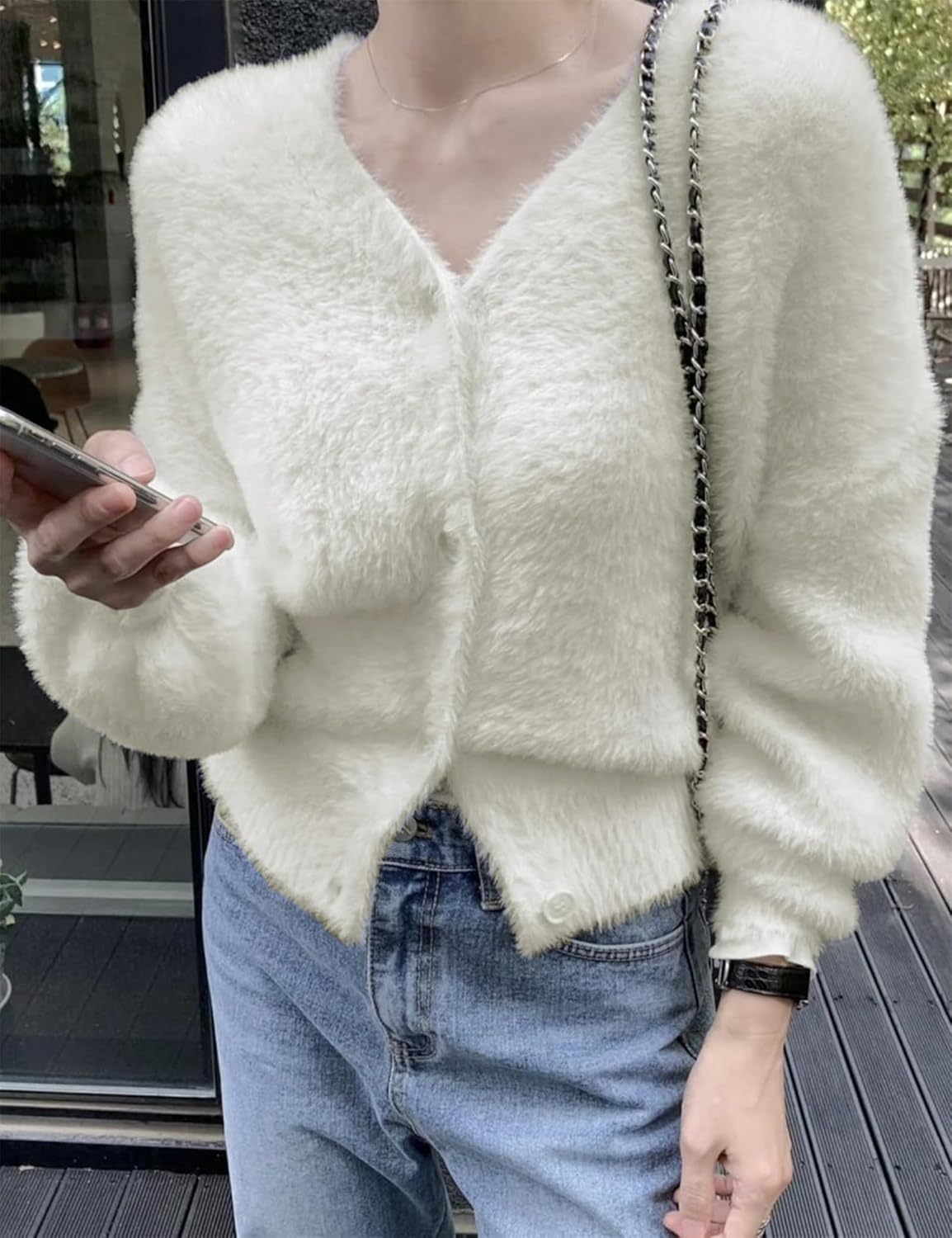 Womens V Neck Fuzzy Cardigan Sweaters Button Down Long Sleeve Open Front Cardigan Fall Winter Outfits 2025 - Image 4