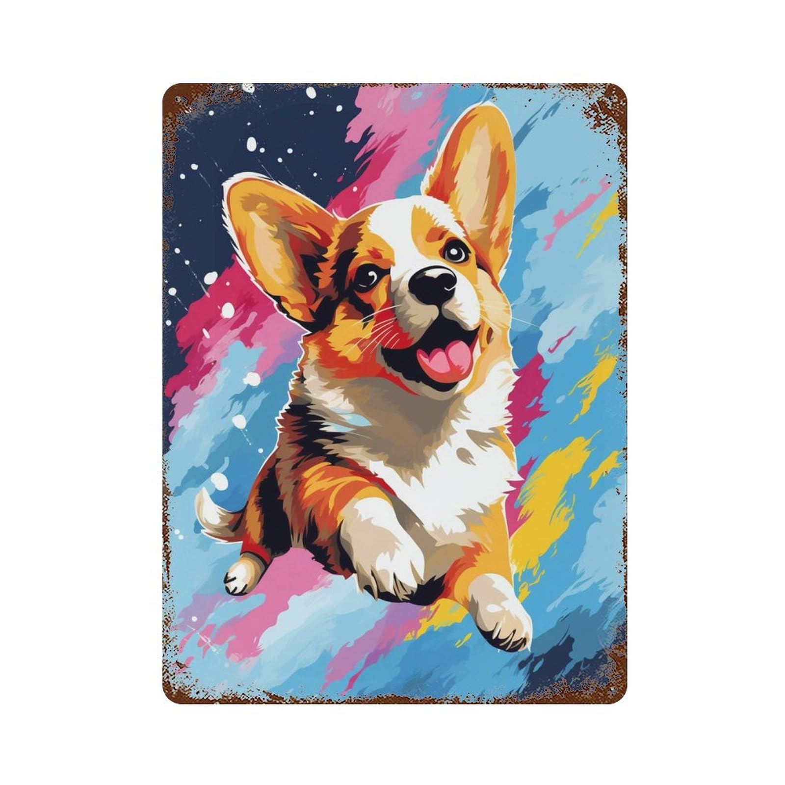 Happy Corgi Painting Vintage Metal Tin Sign 15.7"x11.8", Farmhouse Wall Decor for Garage, Bar And Workshop Decor