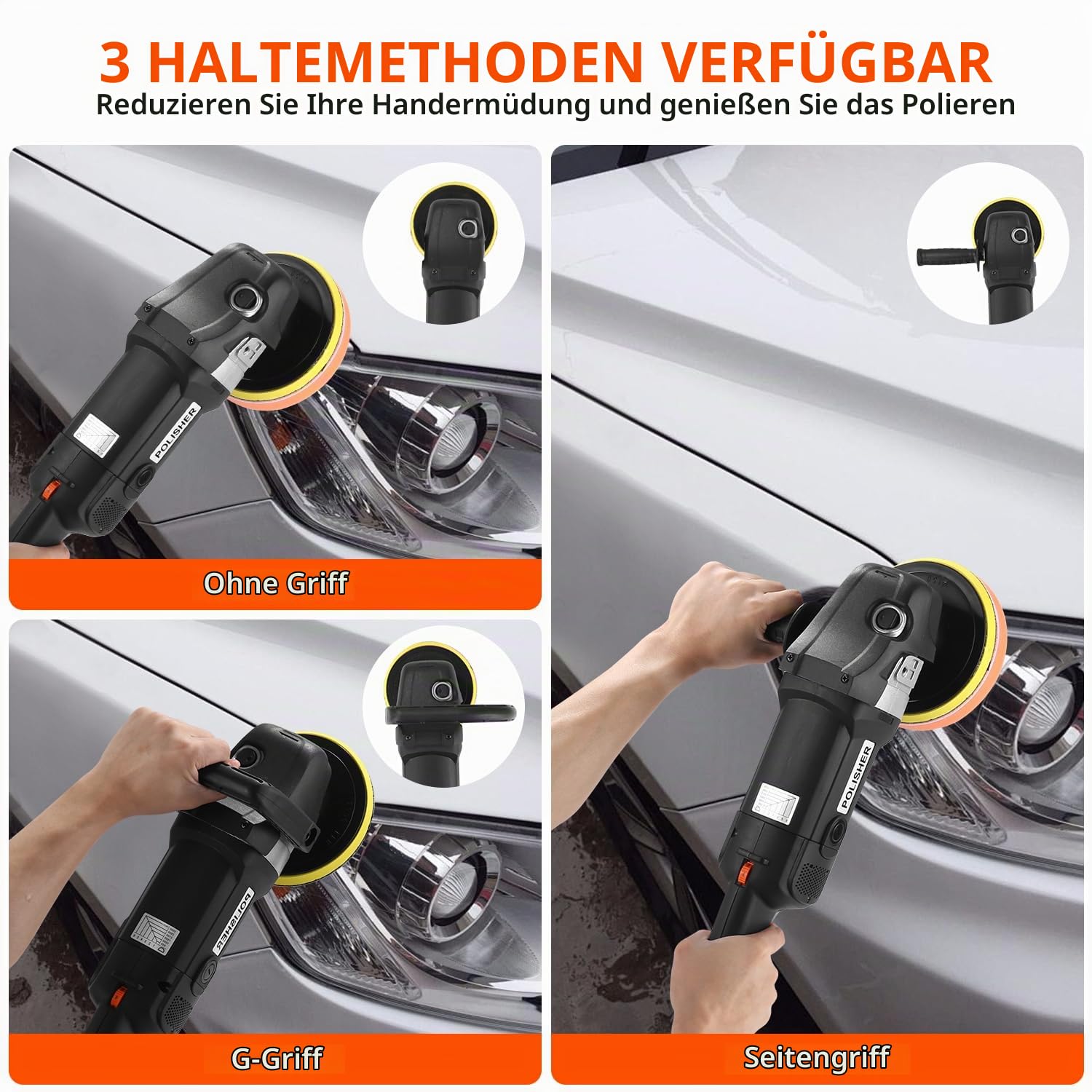 Poliermaschine, 1600W Professionell Auto Poliermaschine Set, 8 Variable Geschwindigkeit, Set 24 pcs mit 180mm Polierteller, Abnehmbarer D Griff und Seitengriff, zum Wachsen und Polieren von Autos