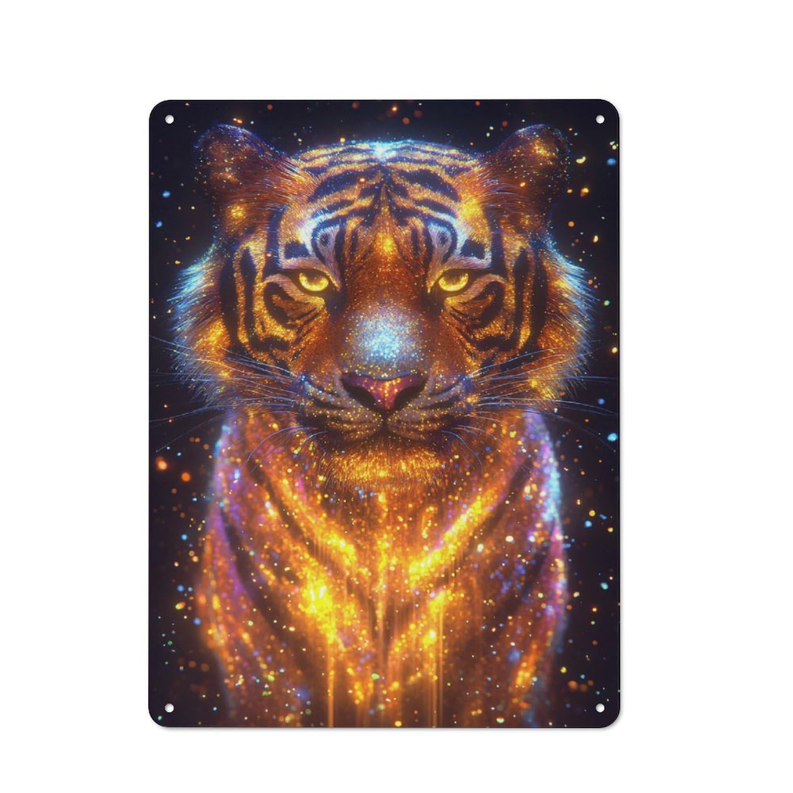Industrial Tin Wall Sign 40x30cm Featuring Sparkling Tiger Portrait, Urban Room Decor for Workspace, Cafe, Hallway Or Garage