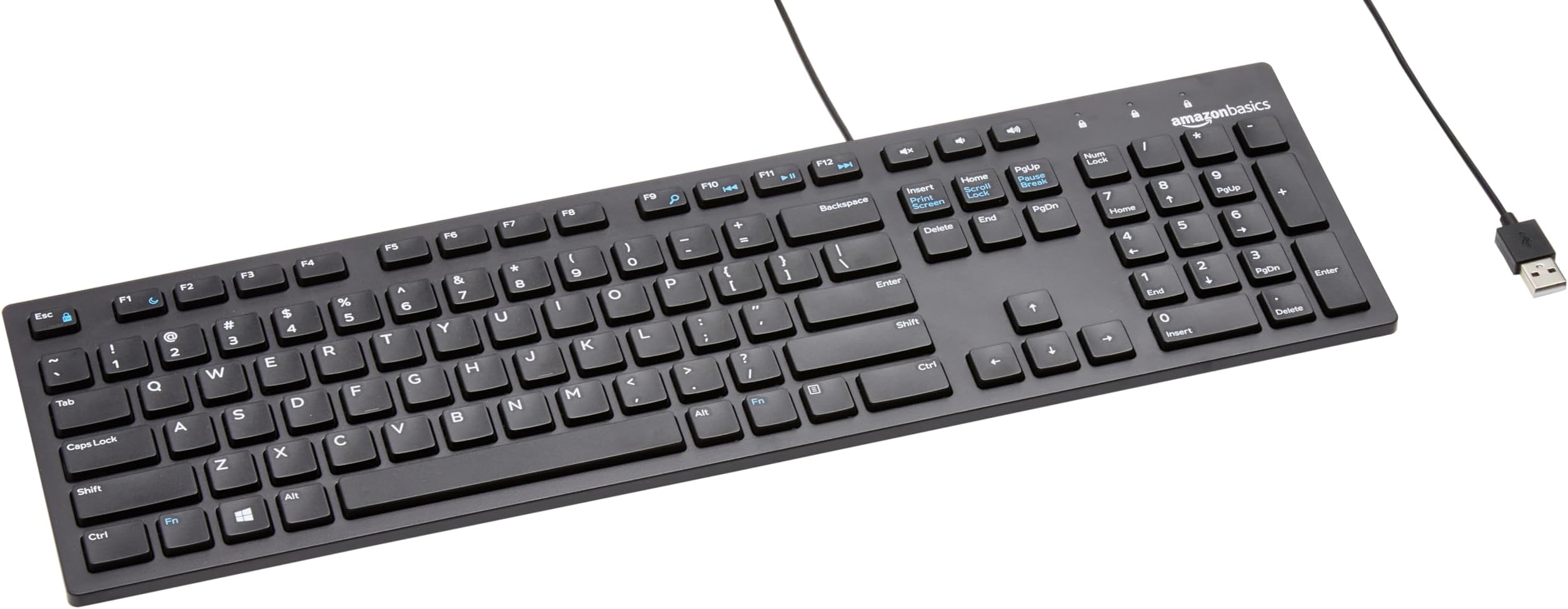 Amazon Basics Wired QWERTY Keyboard, Works with Windows, Plug and Play, Easy to Use with Media Control, Full-Sized, Black