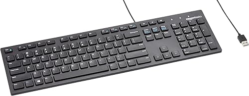 Amazon Basics Teclado USB con cable de perfil bajo con diseño de EE. UU. (QWERTY), negro mate