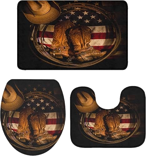 T&H Home - Juego de 3 alfombras de baño para baño, tapete occidental de Estados Unidos, sombrero de vaquero con cuerda de botas en la bandera