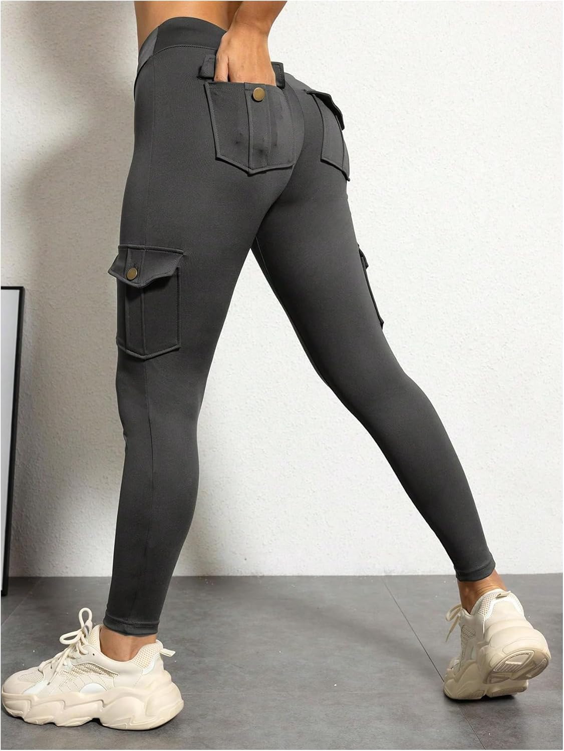 WDIRARA Women's High Waisted Workout Cargo Leggings Elastic Waist Skinny Yoga Pants - Image 5