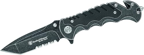 SMITH & WESSON Border Guard SWBG10S - Cuchillo plegable SS de alto carbono de 8.3 pulgadas con hoja dentada Tanto de 3.5 pulgadas y mango de