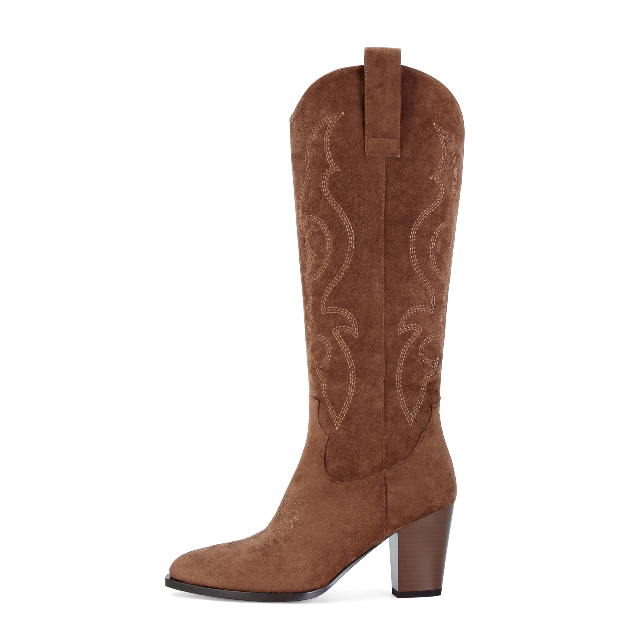 STALOV Cowboy Boots for Women Suede Embroidered Chunky Heel Knee High Pointed Toe Pull On Western Fashion Cowgirl