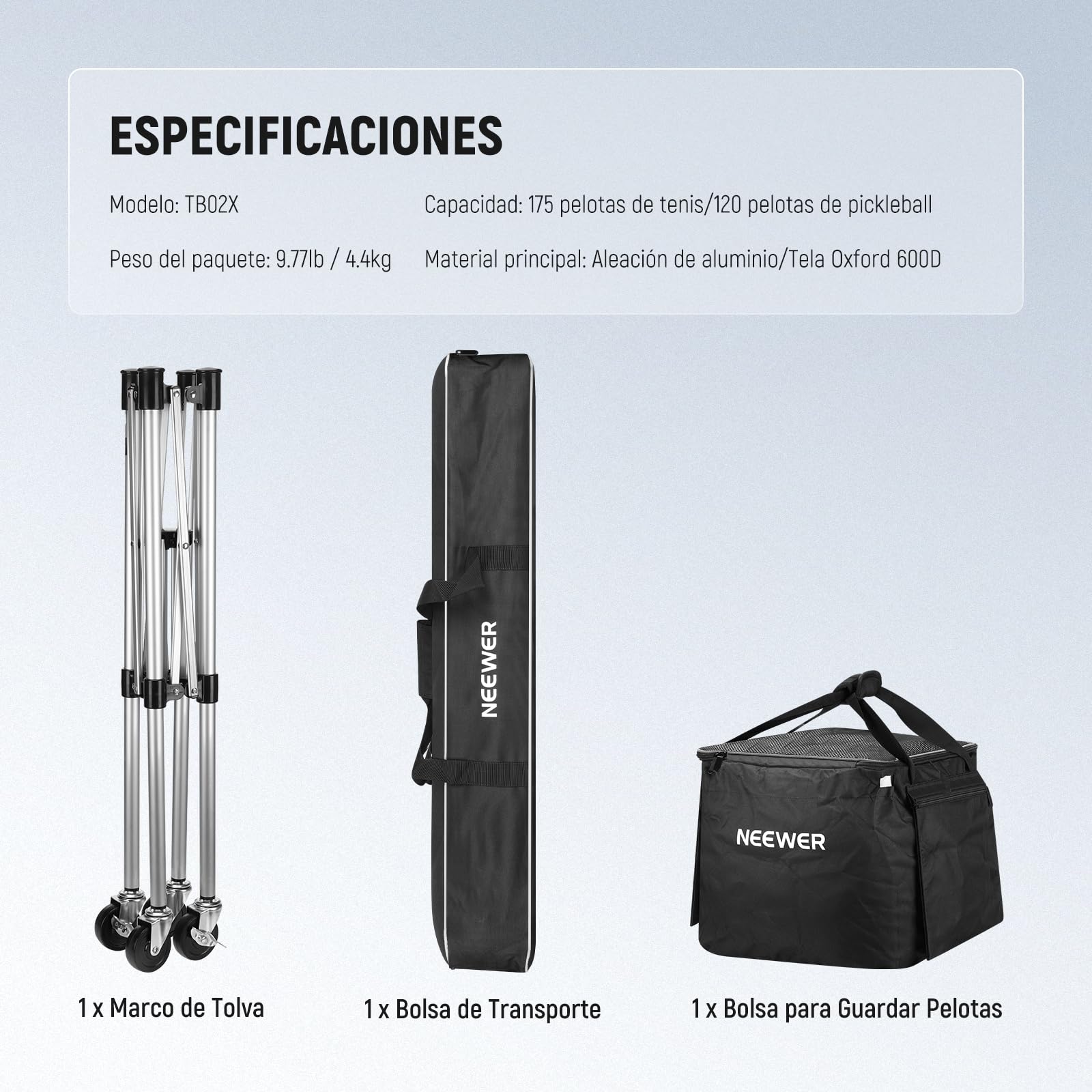 NEEWER Contenedor de Pickleball con Ruedas, Plegable Poliéster Picker Upper Hopper Carrying Basket Cart Holder con Bolsillo Lateral