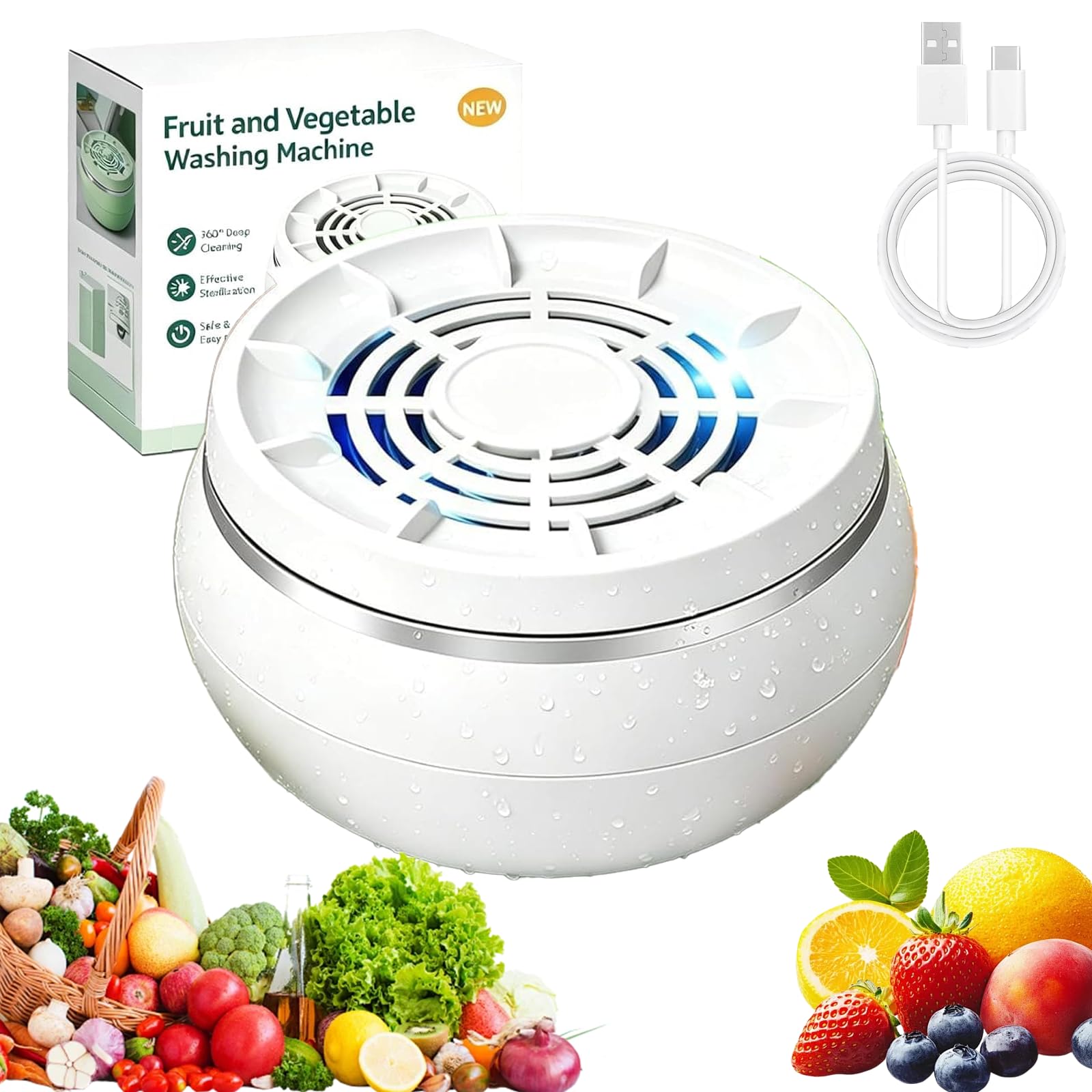 Vortex Fruit and Vegetable Washer Machine, Fruit Cleaner Device with Electrolysis Tech, Portable Fruits and Veg Washer for Home Kitchen, Deep Cleaning Fruits Washers Spinner (White)