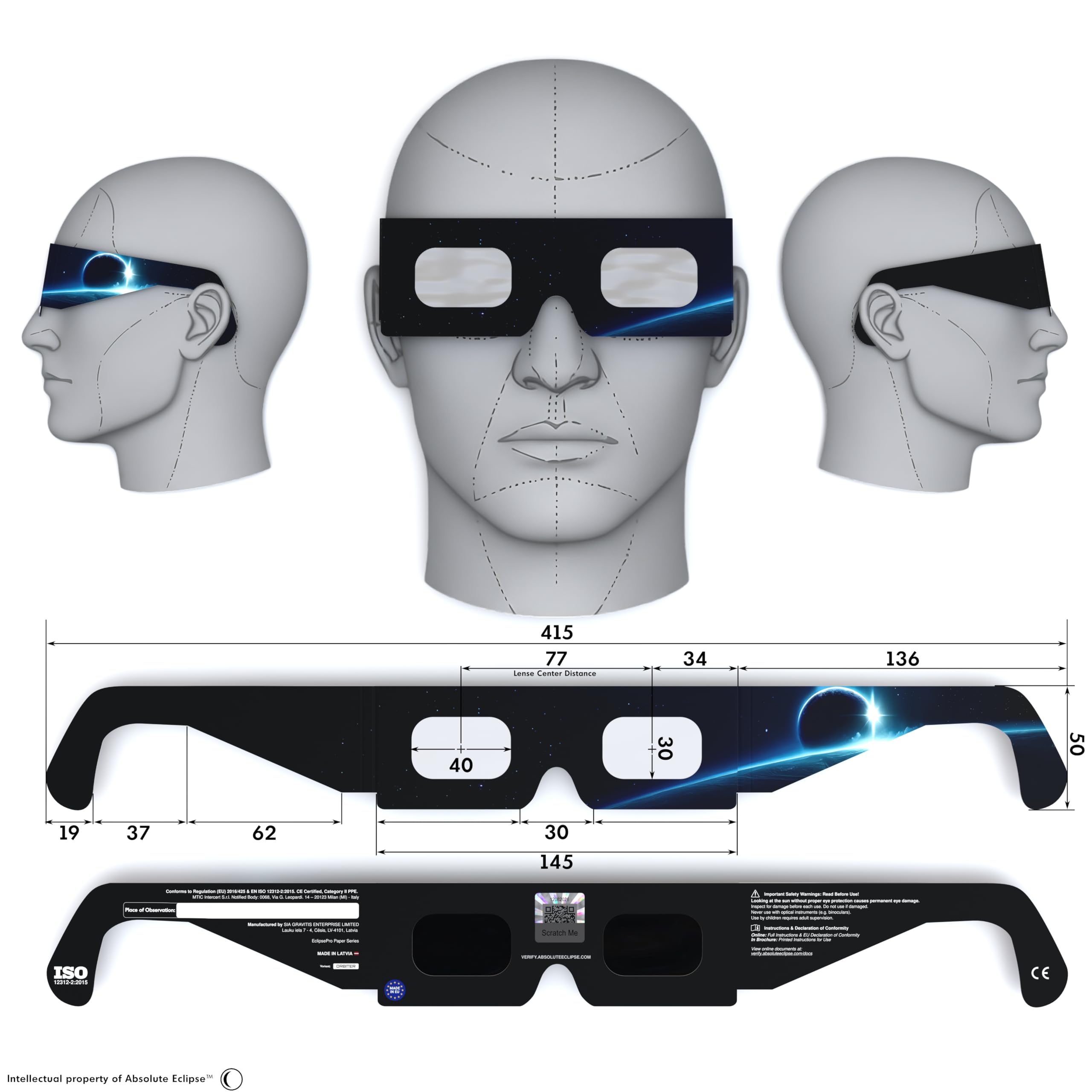 Absolute Eclipse Lunettes Orbiter Solar Eclipse en vrac - Testé ISO 12312-2 et certifié CE - Fabricant européen recommandé par AAS - Eclipse Europe 2026 - 2