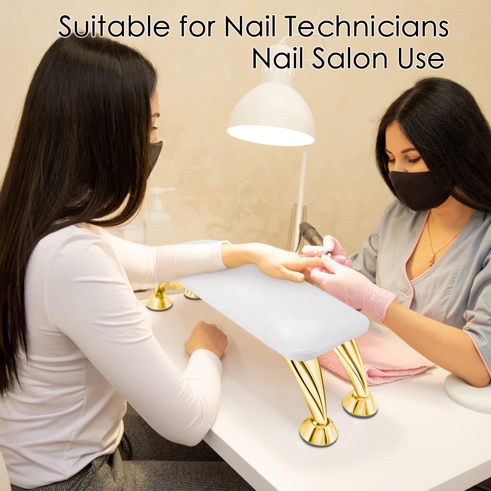 Reposabrazos para uñas Tech suave, cómodo, antideslizante, piel de microfibra, soporte de manos para manicura, soporte técnico con patas de acero inoxidable dorado