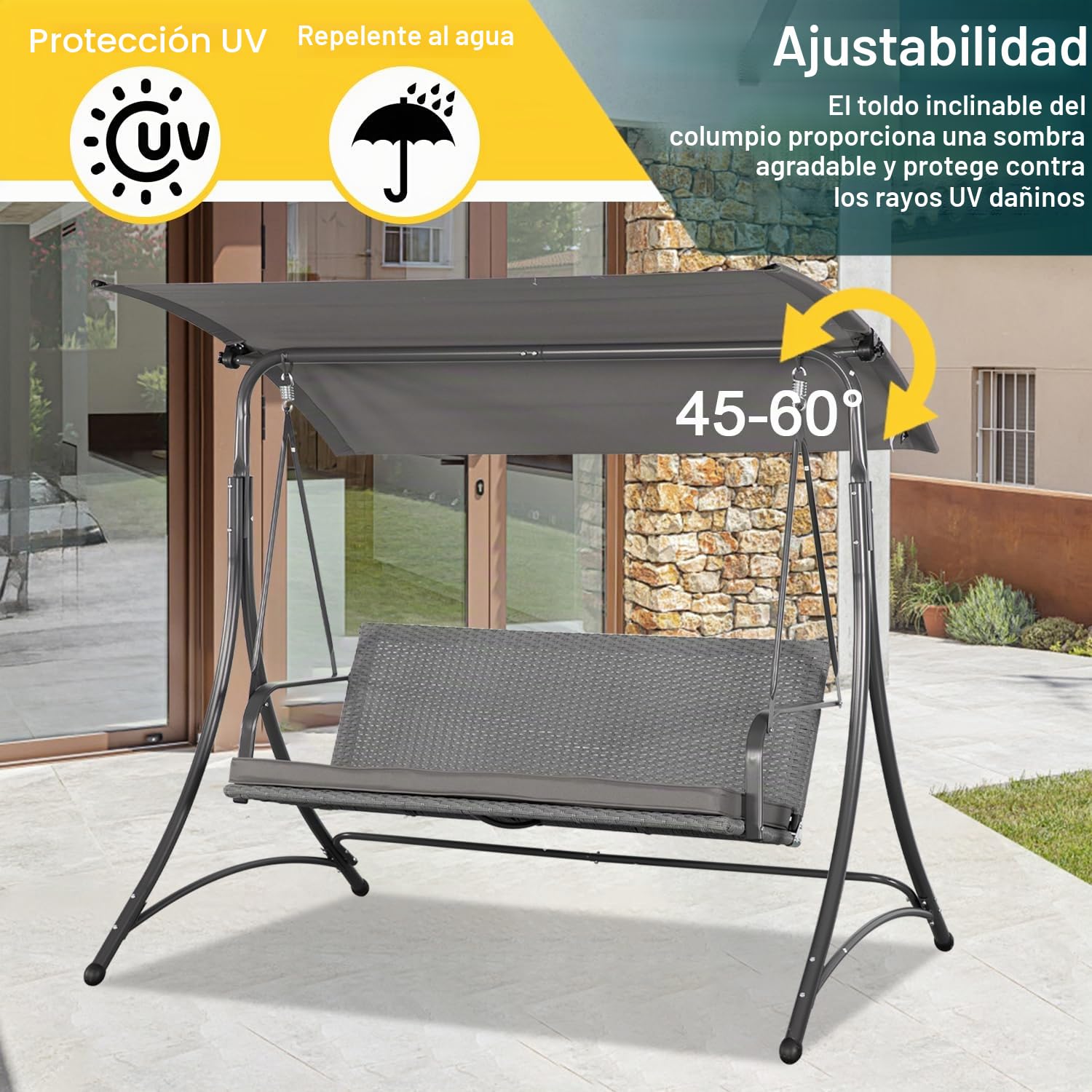 Angel Living Columpio con 3 Asientos de Jardín 159T, Balancín con 3 Plazas con un Techo y la Silla de Ratán Tejido, 170x110x153cm (Gris)