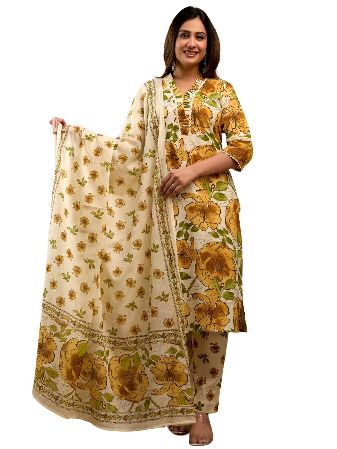 Pure Cotton Split V-Neck with Gathered Panel 3-Piece Kurta Set with Printed Dupatta (M–3XL)-image-40