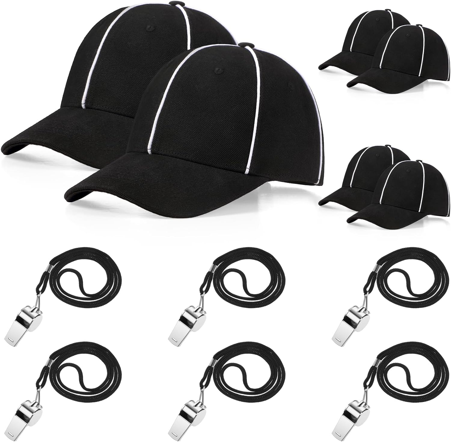 Suhine 6 Sets Football Referee Costume Kit Adjustable Soccer Hat Stainless Steel Whistle with Lanyard Penalty Tossing Flags for Halloween Umpire Judges Linesman Fan Sports Games Party