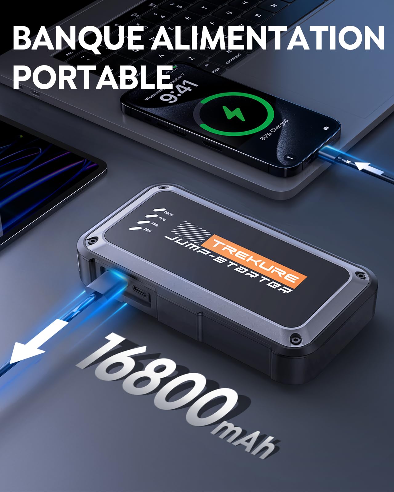 TREKURE Booster Batterie Voiture 7000A 16800mAh, 12V Démarreur Voiture (Jusqu’à 9.0L Essence & 8.5L Diesel), Booster Batterie Moto Portable, Pince Intelligente avec Affichage, Lumière LED à 4 Modes