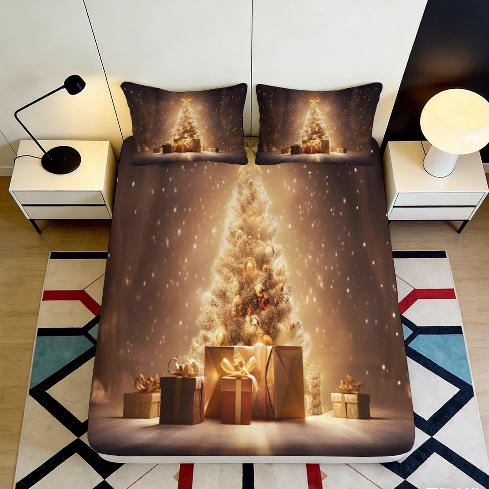 3D Printed Christmas Tree Fitted Sheet Microfiber Non-Slip Deep Pocket Xmas Tree Mattress Fitted Cover Washable Elastic Hem 120x200x25cm
