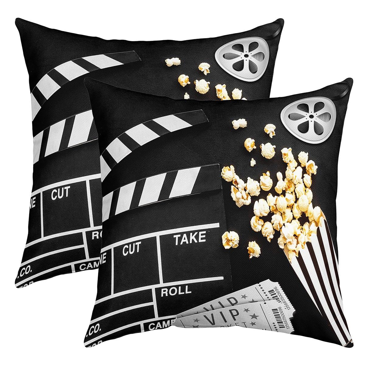 Vintage Cinema Ticket Reversible Throw Pillow Covers Movie Theater Theme Square Cushion Covers Set of 2 Filmstrip Popcorn Pillow Covers Home Decor Retro Black Room 24x24 Inch