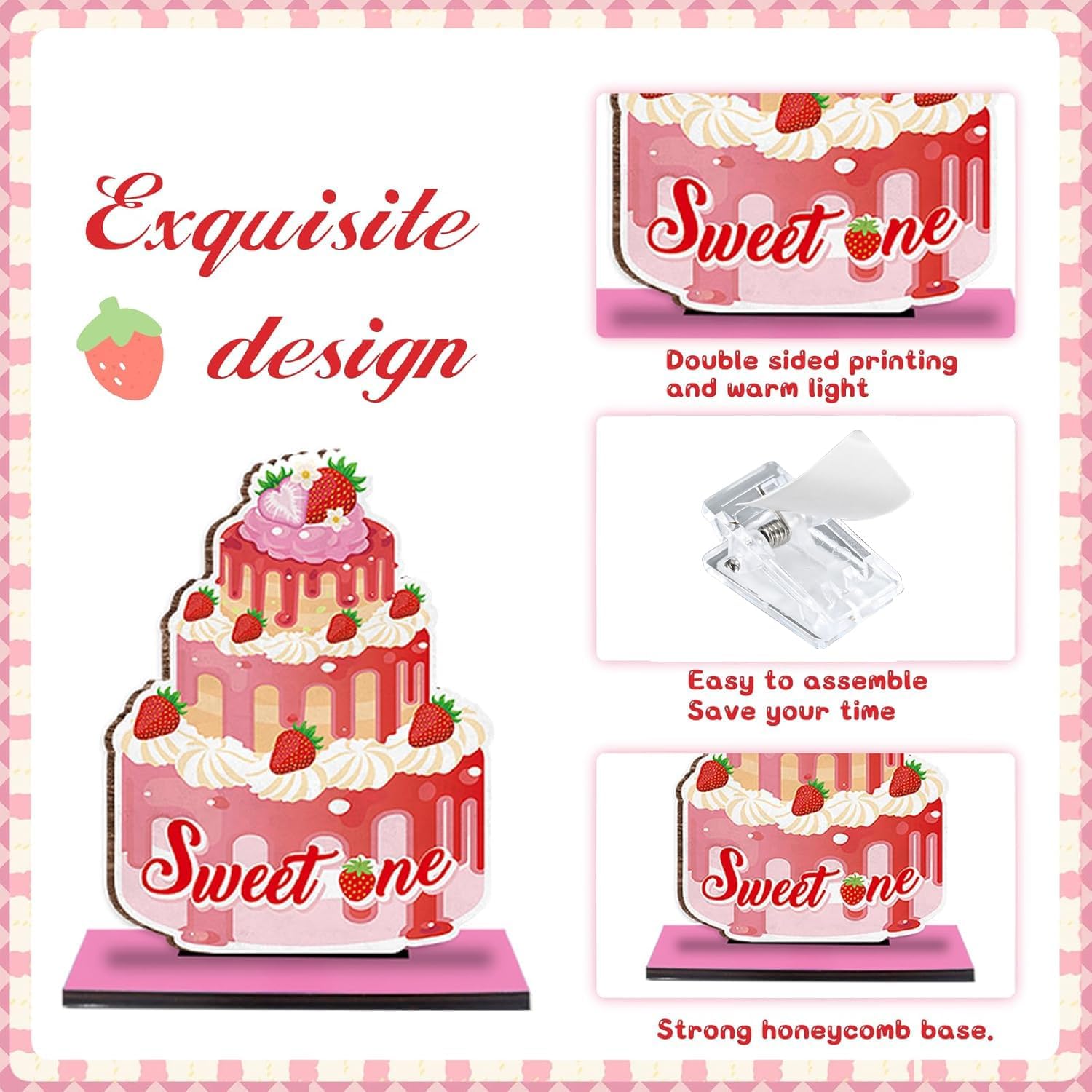 QICI Berry First Birthday Decor - 6PCS Sweet One Pink Strawberry 1st Birthday Decorations - Wooden Table Centerpiece with Photo Clips - Baby Girl