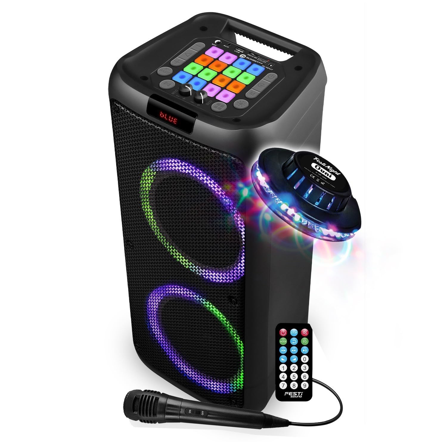 Enceinte Sonorisation - Party Karaoké Sunset 208-600W USB/SD/PC Bluetooth, Micro Filaire, 2X Boomer à LED RVB + Soucoupe Ovni