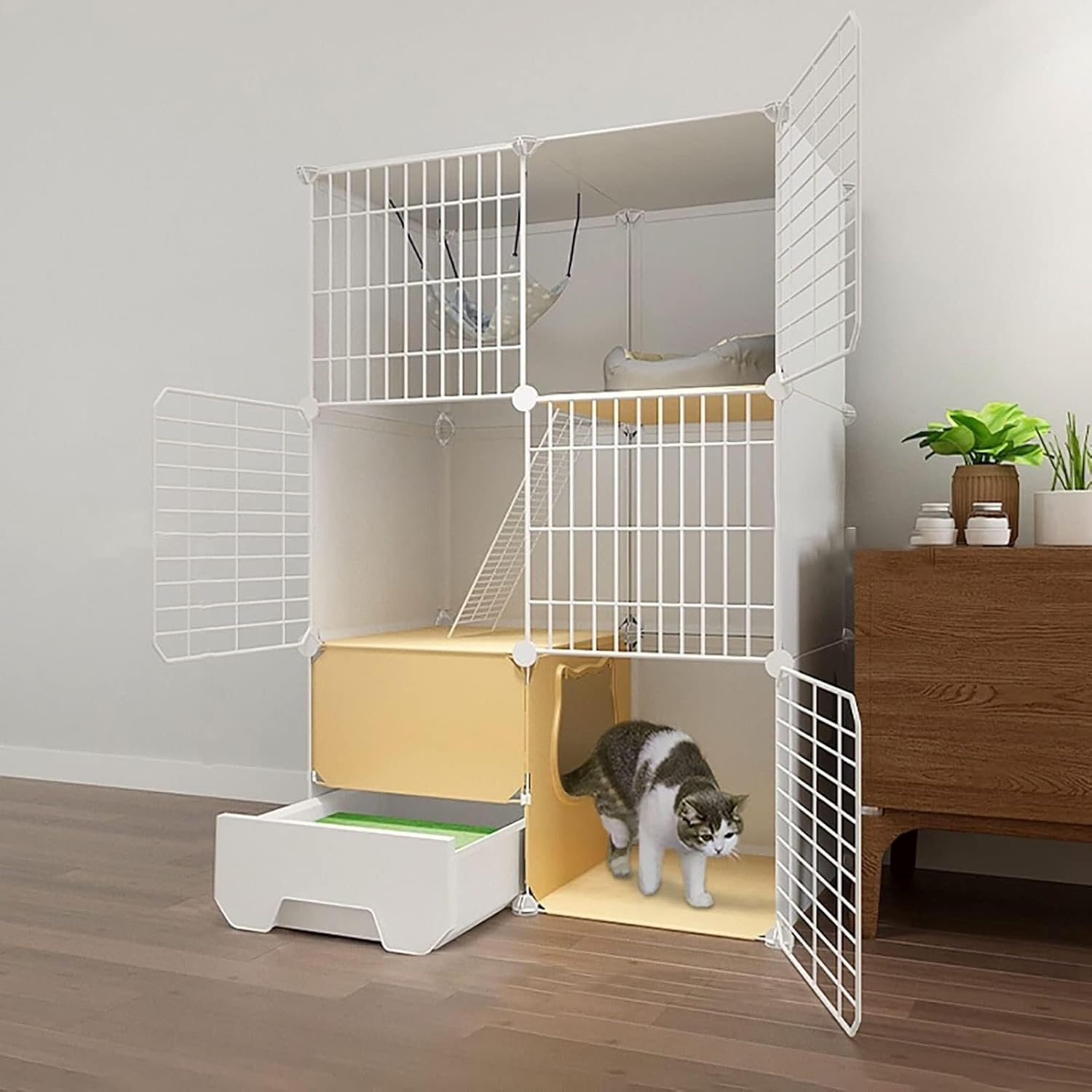 Indoor Cat Cage with Litter Box, Large 2/3 Tier Detachable Metal Cat Playpen for Small Animals, DIY Exercise Cage for 1-3 Cats, White(White,75x49x111cm)