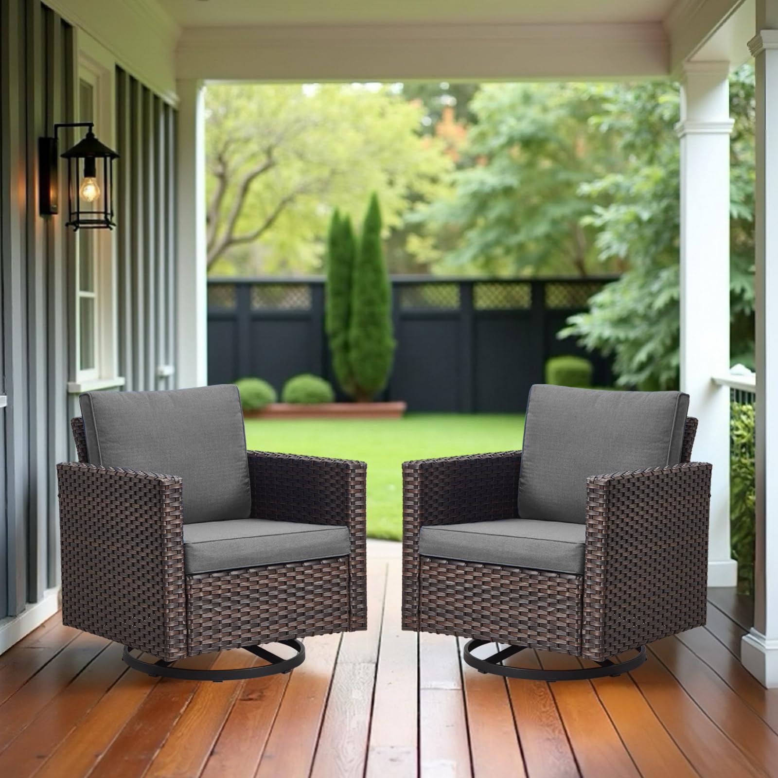 Luxury Outdoor Swivel Rocker Patio Chairs Set of 2, Swivel Patio Chairs for Porch, Yard, Deck, Poolside, Brown/Grey