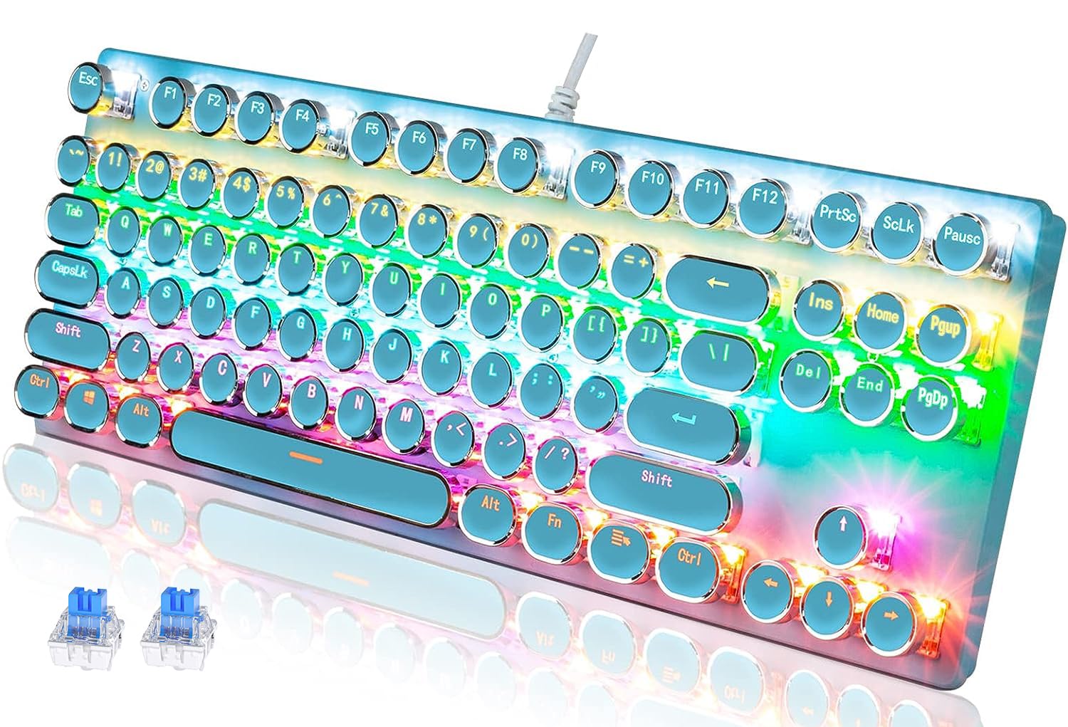 abucow Tastiera da gioco meccanica, tastiera punk arcobaleno, retroilluminata, 87 tasti rotondi con cavo USB retrò da scrivere per PC/Mac Computer Gamer, dattilografia, blu